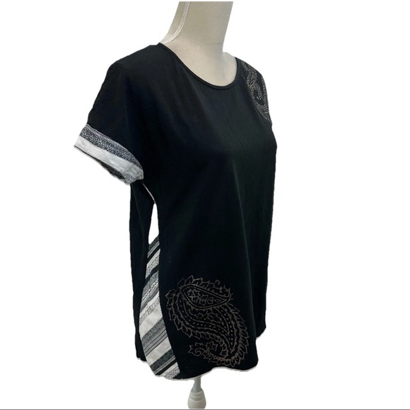Zenergy by Chico’s Black Cotton Blend Top Womens Medium Short Sleeve Colorblock - Picture 2 of 7